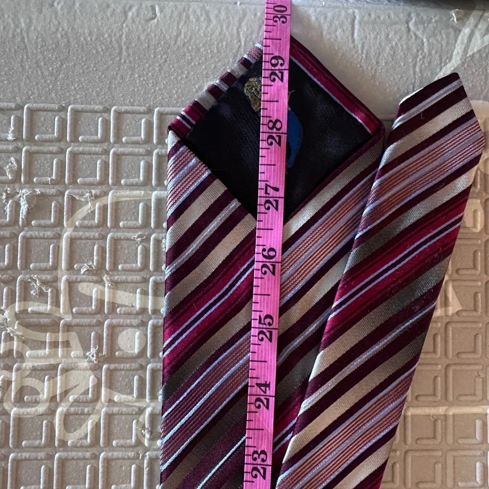 Dei Giovani Mens Silk Necktie Burgundy Grey Blue Striped Classic Formal Tie
